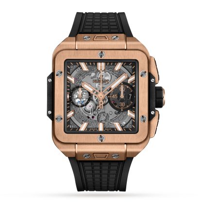 1:34 super fake watches Hublot Square Bang Unico King Gold 42mm Mens Watch Rubber 821.OX.0180.RX