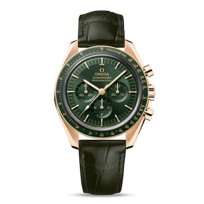 1:38 super fake watches Omega Speedmaster Moonwatch Professional Co-Axial Master Chronometer Chronograph 42mm Mens Watch Green Moonshine Gold Leather O31063425010001