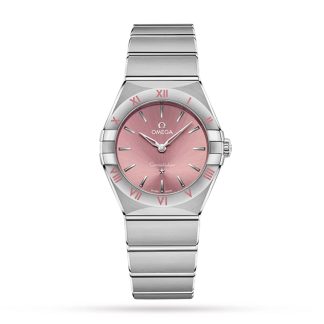 1:5 super fake watches Omega Constellation Quartz Steel 28mm Ladies Watch Pink Stainless Steel O13110286011001