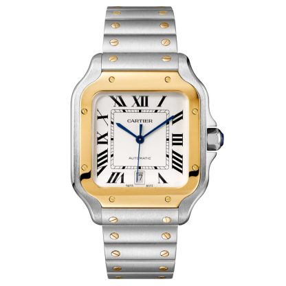 Men swiss replica watches Cartier Santos De Cartier Watch Large Model Automatic Movement Yellow Gold Steel Interchangeable Metal And Leather Bracelets Steel W2SA0009