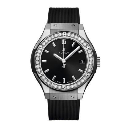 Replica watches vs real Hublot Classic Fusion Titanium Diamonds 33mm Ladies Watch Black Rubber 581.NX.1470.RX.1104