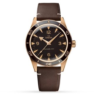 Women swiss replica watches Omega Seamaster 300 Co-Axial Master Chronometer 41mm Bronze Gold Calfskin O23492412110001