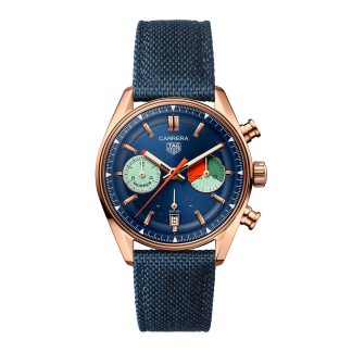 buy luxury TAG Heuer Carrera Skipper Chronograph 39mm Mens Watch Blue Fabric CBS2241.FN8023