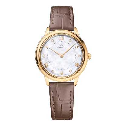 cheap designer Omega De Ville Prestige 30mm Ladies Watch Mother Of Pearl Yellow Gold Calfskin O43453306055002