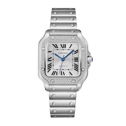 cheap luxury Cartier Santos De Cartier Watch Medium Model Automatic Steel Diamonds Interchangeable Metal And Leather Bracelets Steel W4SA0005