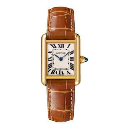 fake wrist Cartier Tank Louis Cartier Watch Small Model Quartz Movement Yellow Gold Leather Alligator W1529856