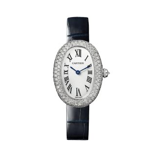 replica luxury Cartier Baignoire watch small model quartz movement. 18K white gold (750/1000) case set with brilliant-cut diamonds. Alligator WJBA0015