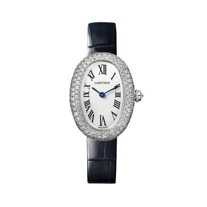 replica luxury Cartier Baignoire watch small model quartz movement. 18K white gold (750/1000) case set with brilliant-cut diamonds. Alligator WJBA0015