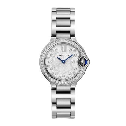 replica luxury Cartier Ballon Bleu de Cartier watch 28 mm quartz movement Steel case fluted steel crown set with a synthetic cabochon-shaped spinel. Steel W4BB0034