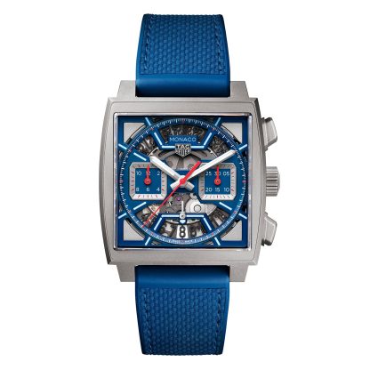 replica luxury TAG Heuer Monaco Chronograph 39mm Mens Watch Titanium Blue Rubber and Leather CBL2182.FT6235